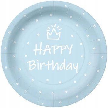 Talerzyki papierowe Happy Birthday kropki, błękitne, 23 cm 10 szt