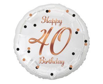 Фольгова кулька Happy 40 Birthday, біла, нанесення рожево-золоте